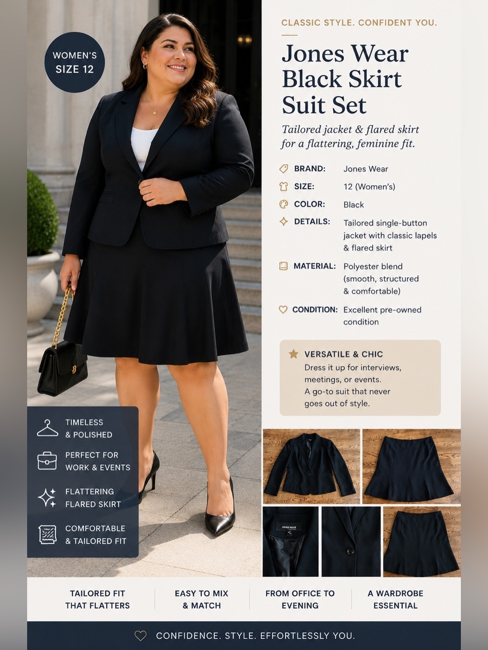 Jones Wear Black Skirt Suit Tailored Jacket Flared Pleated Skirt Women’s Size 12